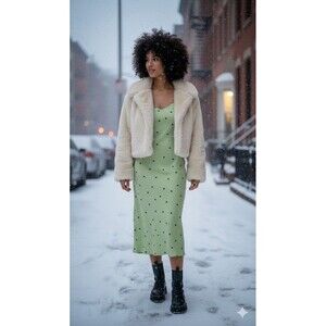 Zara Green Polkadot Slip Satin Dress Midi Length Spaghetti Straps Sz L